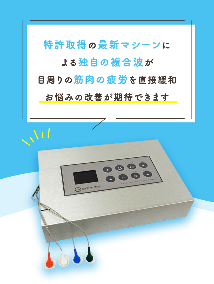 特許取得の最新マシーンによる独自の複合波が目周りの筋肉の疲労を直接緩和お悩みの改善が期待できます